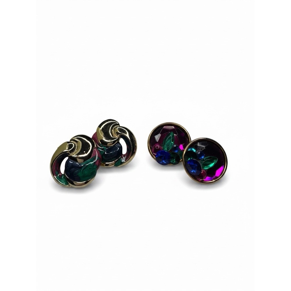 Vtg 1980s Statement Earrings Lot 2pc Jewel Tone Enamel Purple Disco Retro Glam